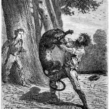 A man fights a pouncing jaguar with a knife.