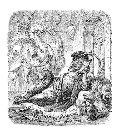 Reynard the Fox is reclining on a couch with a plate displaying poultry bones before him
