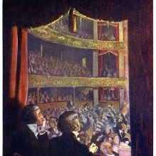 Two men are seen from behind sitting in a box at the theater and looking at the audience