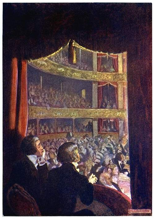 Two men are seen from behind sitting in a box at the theater and looking at the audience