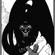 A dragon silhouetted in black against a white background confronts a knight in a armor