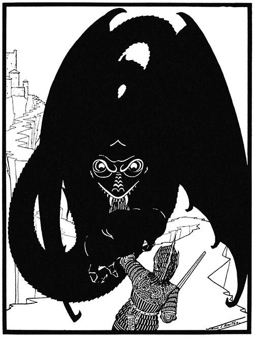 A dragon silhouetted in black against a white background confronts a knight in a armor