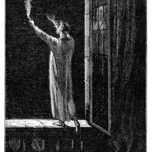 A man in a nightshirt stands on a windowsill holding a torch and gesturing toward the sky