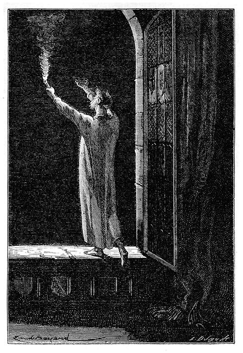 A man in a nightshirt stands on a windowsill holding a torch and gesturing toward the sky