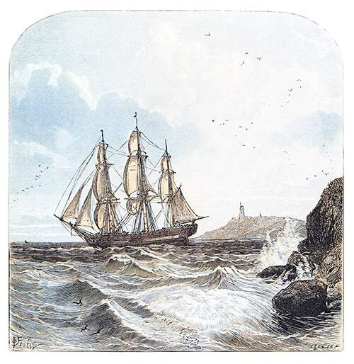 A ship sails toward the open sea, leaving behind the rocky shore and the lighthouse
