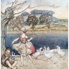 A girl in patched clothes dances by a pond to the music of a gooseherd playing the flute