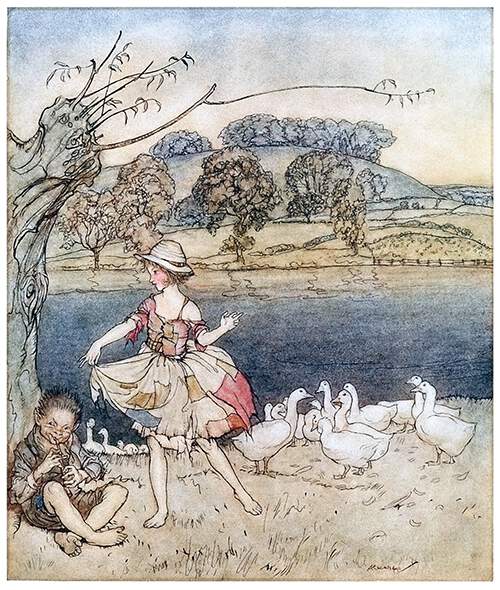 A girl in patched clothes dances by a pond to the music of a gooseherd playing the flute