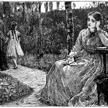 A woman sitting at a table in a garden leans her head on her hand, looking wistful