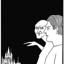 The Devil smiles to the man beside him as he points his finger toward a city in the distance