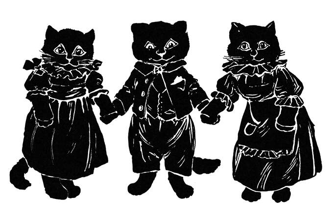 Three kittens hold hands, the center one dressed as a boy, the two others as girls