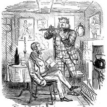A man stands playing the flute to another sitting in front of a fireplace
