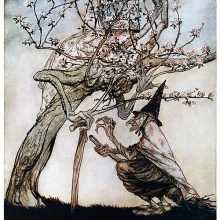 A witch addresses a tree with a human-like face, not seeing a girl hiding in the blossoms