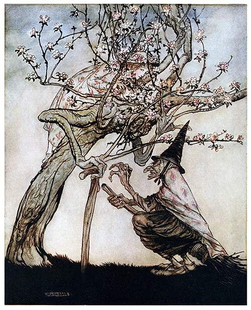 A witch addresses a tree with a human-like face, not seeing a girl hiding in the blossoms