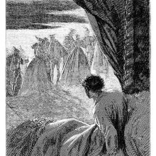 A man sits up in his bed and watches figures of dead people walk by at some distance