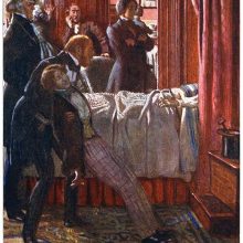 One of the visitors gathered around a bed faints as all stare toward lying person