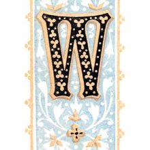Initial W with foliated design on blueish-gray background and orange border