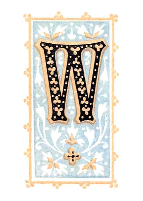 Initial W with foliated design on blueish-gray background and orange border