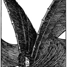A human-like figure floats on the sea with two large wings sticking out of the water