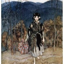 A girl wearing a coat made of cat's hides stands in a landscape of woodland and hills