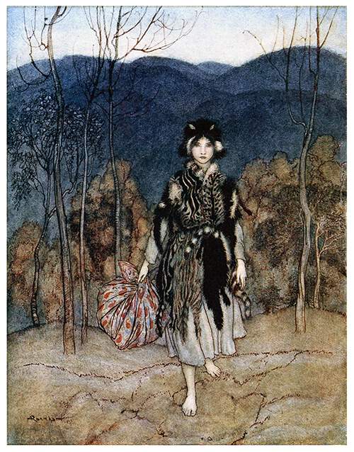 A girl wearing a coat made of cat's hides stands in a landscape of woodland and hills
