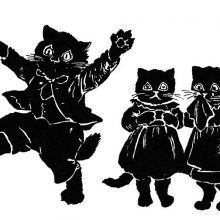 A boy kitten prances about while his two sisters are sad and crying behind him
