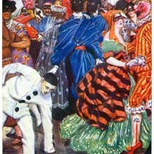 At a crowded masquerade ball a pierrot bends down to pick up something from the floor