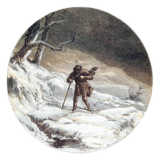 A man with a stick struggles against the wind in a snowy landscape