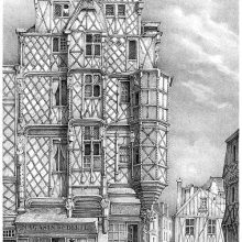 Elaborate, tall, two-gabled, timber-framed building decorated with wreathed wooden columns
