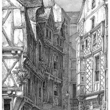 Street lined with tall timber-framed houses with a horse pulling a cartload of stones