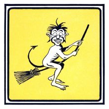 A smiling and disheveled creature with a tail ending like an arrowhead rides a broom