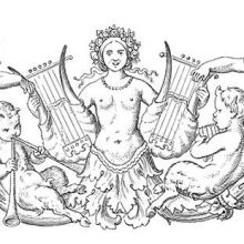 A female figure n holds a lyre in each hand, which two fauns seem eager to take hold of
