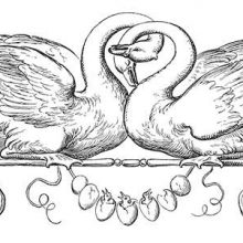 Two swans with entwined necks sit on a stem decorated with volutes and a garland of eggs