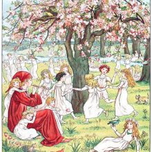 View of an orchard with children dancing around a tree to the music of a piper dressed in red