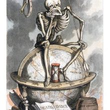 A crowned skeleton symbolizing Death sits pensively on a globe, holding an arrow