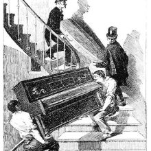Two undertaker's assistants are carrying a coffin downstairs as movers are going up with a piano