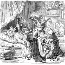 The king lies in bed in agony, surrounded by doctors and grieving courtiers