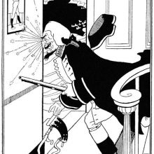 As he comes running down the stairs, a man carrying a gun hits nose against a doorpost