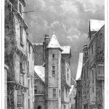 View of a snowy street with children playing and a polygonal staircase tower