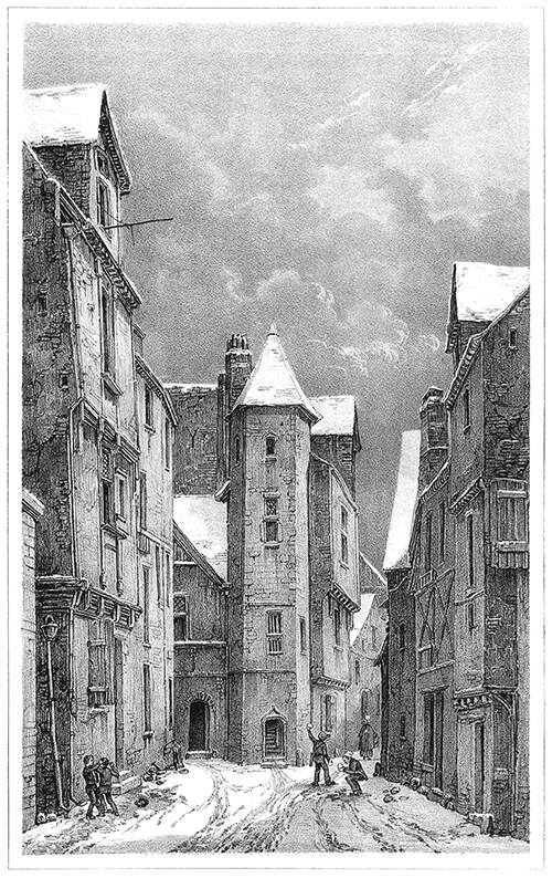 View of a snowy street with children playing and a polygonal staircase tower