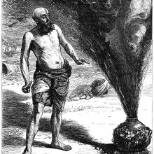 A man stands beside a jar oozing dark smoke in the midst of which a figure is taking shape