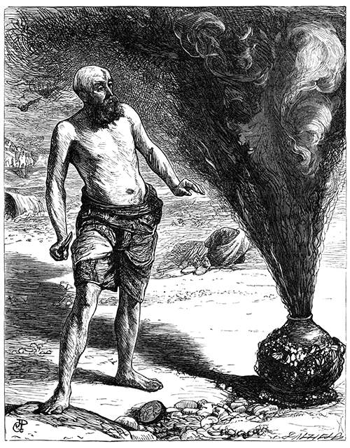 A man stands beside a jar oozing dark smoke in the midst of which a figure is taking shape