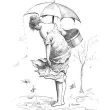 A woman holds an umbrella and looks down at a puddle into which leaves are falling