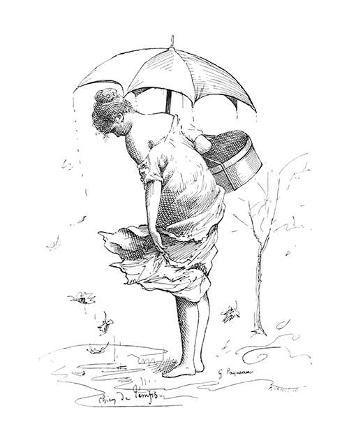 A woman holds an umbrella and looks down at a puddle into which leaves are falling