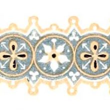 Headpiece with floral motifs enclosed in circular borders and blueish-gray background