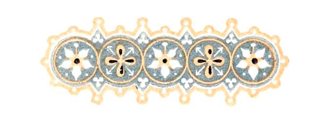 Headpiece with floral motifs enclosed in circular borders and blueish-gray background