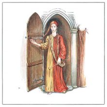 A man wearing a yellow and red robe and carrying a shawm-shaped pipe pushes a door open