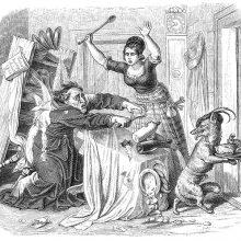 Reynard runs away with a stolen dish, mocking his victim who knocks a table over pursuing him