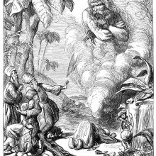 Four men look astonished as a stern genie appears in the midst of a large cloud of smoke