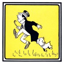 A man runs as he is chased and caught by the tail of his jacket by a small bulldog