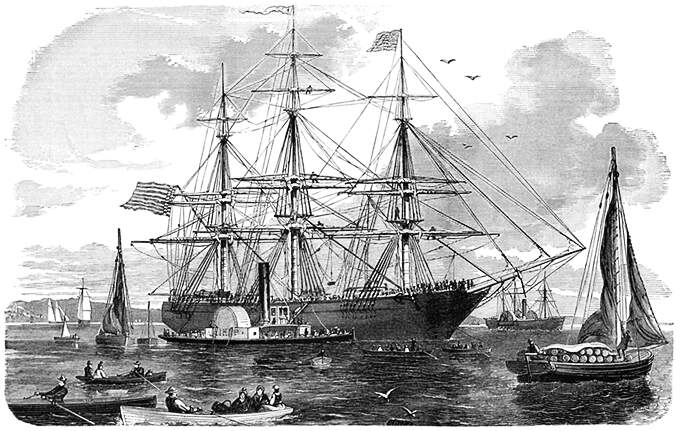 A clipper ship is about to leave the harbor, surrounded by tugs and small boats